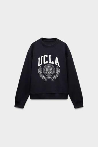 Gia-Art Ucla Yazı Baskılı Bisiklet Yaka İçi Polar Oversize Kesim Unisex Siyah Sweatshirt