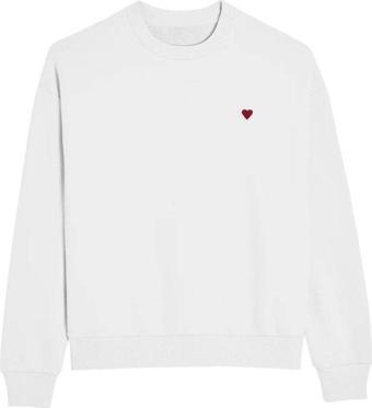 The Champ Clothing Bisiklet Yaka İçi Polar Kalp Baskılı Beyaz Oversize Sweatshirt