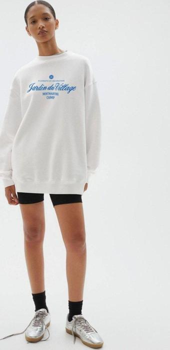 The Champ Clothing Beyaz Bisiklet Yaka Içi Polar Jardin Du Village Yazı Baskılı Oversize Sweatshirt