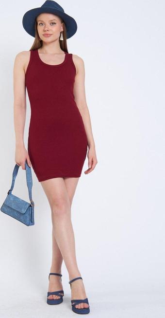 The Champ Clothing Kalın Askılı Fitilli Kaşkorse Bordo Mini Elbise