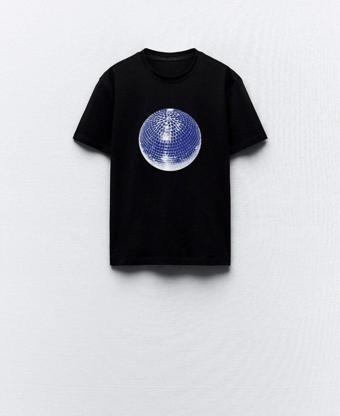 The Champ Clothing Disko Topu Tasarım Baskılı Siyah Kadın T-Shirt