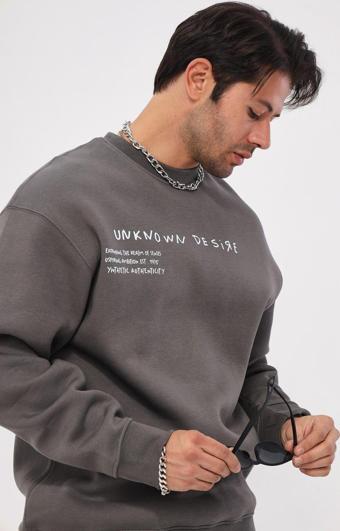 The Champ Clothing Bisiklet Yaka Içi Polar Unknown Desire Yazı Baskılı Füme Oversize Hoodie Sweatshirt