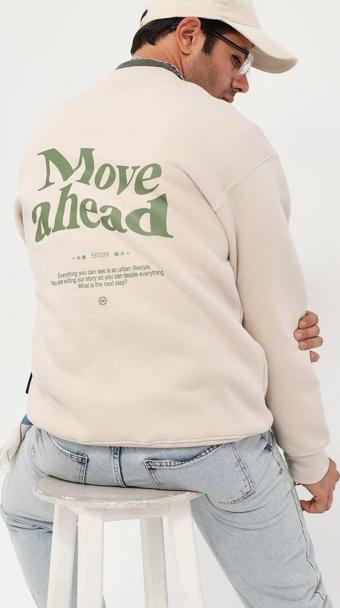 The Champ Clothing Bisiklet Yaka Içi Polar Move Ahead Yazı Baskılı Bej Oversize Hoodie Sweatshirt