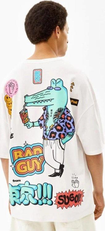 The Champ Clothing Bad Guy Yazılı Karikatür Tasarım Baskılı Beyaz Oversize Erkek T-Shirt