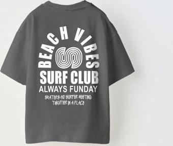 The Champ Clothing Beach Vıbes Surf Club Yazılı Ters S Tasarım Baskılı Füme Unisex Çocuk T-Shirt