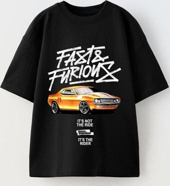 The Champ Clothing Fast Furious Yazılı Araba Baskılı Siyah Çocuk T-Shirt