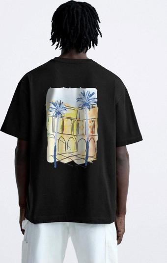 The Champ Clothing Bisiklet Yaka Palmiye Baskılı Oversize Siyah Erkek T-Shirt