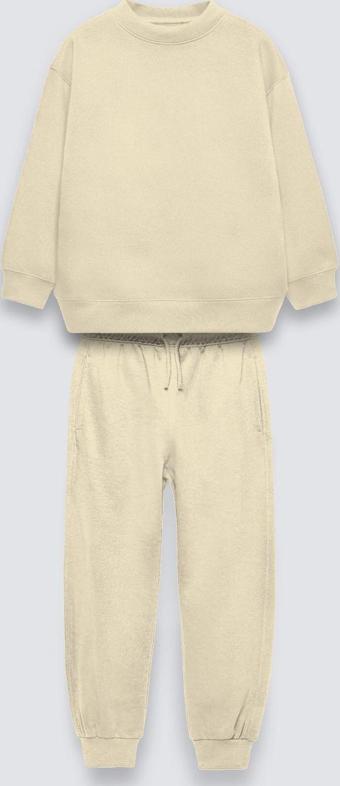 The Champ Clothing Bej Çocuk Bisiklet Yaka Bel Ve Paça Lastikli Basic Içi Polar Eşofman Takımı