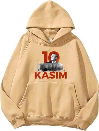 The Champ Clothing Kapüşonlu Içi Polar Kemal Atatürk 10 Kasım Baskılı Bej Unisex Hoodie Sweatshirt