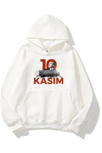 The Champ Clothing Kapüşonlu Içi Polar Kemal Atatürk 10 Kasım Baskılı Beyaz Unisex Sweatshirt