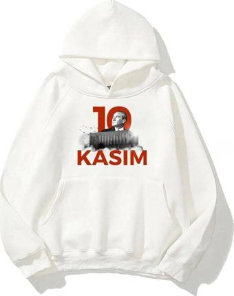 The Champ Clothing Kapüşonlu Içi Polar Kemal Atatürk 10 Kasım Baskılı Beyaz Unisex Sweatshirt
