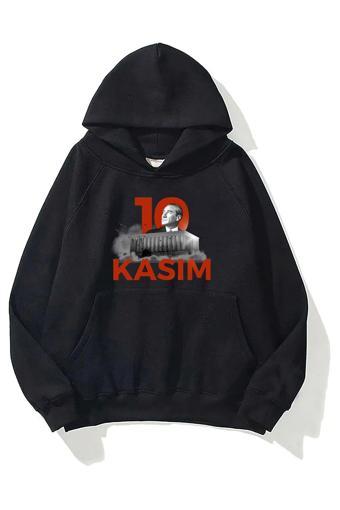 The Champ Clothing Kapüşonlu Içi Polar Kemal Atatürk 10 Kasım Baskılı Siyah Unisex Sweatshirt