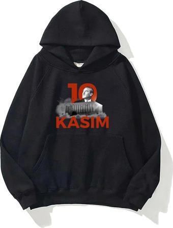 The Champ Clothing Kapüşonlu Içi Polar Kemal Atatürk 10 Kasım Baskılı Siyah Unisex Sweatshirt