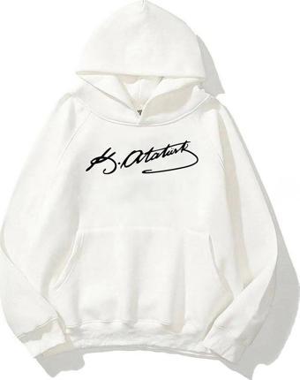 The Champ Clothing Kapüşonlu Içi Polar Kemal Atatürk Imzalı Baskılı Beyaz Unisex Sweatshirt