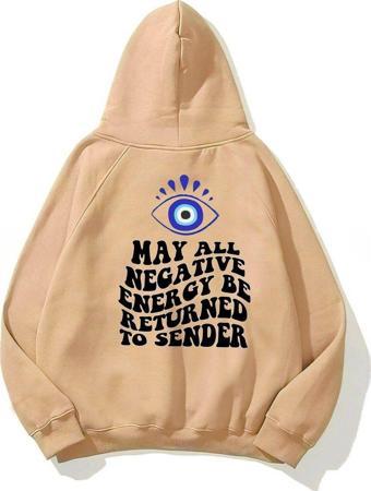 The Champ Clothing Kapüşonlu Içi Polar Kirpikli Nazar Boncuğu Baskılı Bej Unisex Sweatshirt