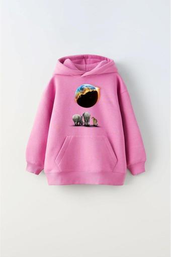 Gia-Art Pembe Kapüşonlu İçi Polar Burning World And Animals Baskılı Unisex Çocuk Sweatshirt