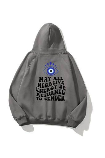 The Champ Clothing Kapüşonlu Içi Polar Kirpikli Nazar Boncuğu Baskılı Füme Unisex Sweatshirt