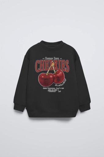 Gia-Art Siyah Çocuk Cherries Baskılı Bisiklet Yaka Basic Sweatshirt