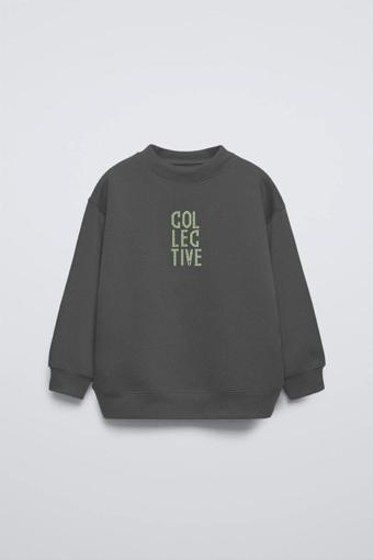 Gia-Art Füme Bisiklet Yaka Collective Yazılı Arka Fly Kn It Yazılı Oversize Çocuk Sweatshirt