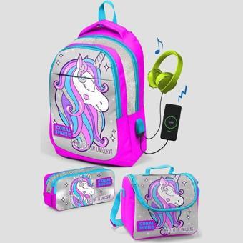 Coral High Kids Pembe Gümüş Simli Unicorn Desenli Üç Bölmeli Usb Şarjlı Kulaklık Çıkışlı Okul Sırt Çantası Seti