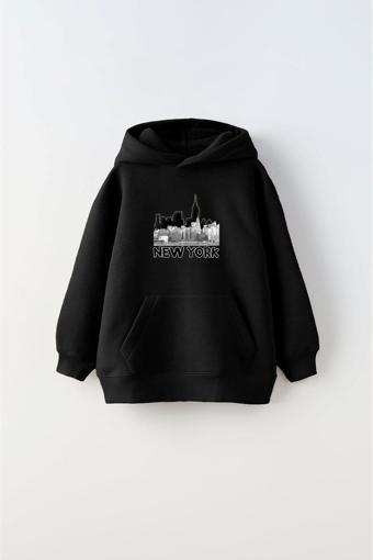 Gia-Art Kapüşonlu İçi Polar New York Yazı Baskılı Siyah Unisex Çocuk Hoodie Sweatshirt