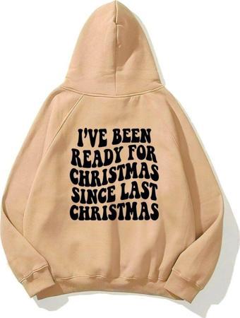 The Champ Clothing Kapüşonlu Içi Polar Christmas Yazı Baskılı Bej Unisex Sweatshirt