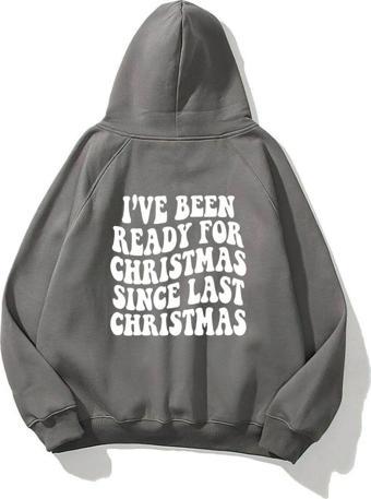 The Champ Clothing Kapüşonlu Içi Polar Christmas Yazı Baskılı Füme Unisex Sweatshirt