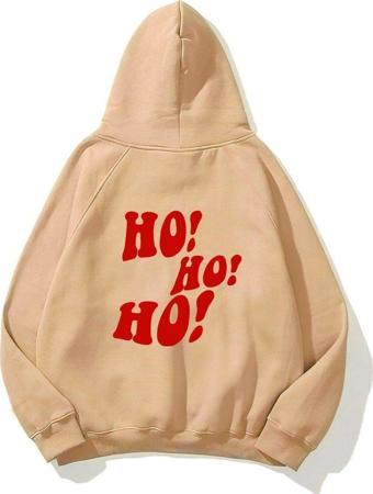 The Champ Clothing Kapüşonlu Içi Polar Ho! Ho! Ho! Christmas Yazı Baskılı Bej Unisex Sweatshirt