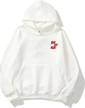 The Champ Clothing Kapüşonlu Içi Polar Ho! Ho! Ho! Christmas Yazı Baskılı Beyaz Unisex Sweatshirt
