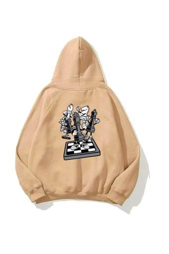 The Champ Clothing Kapüşonlu Içi Polar Satranç Think Baskılı Bej Unisex Hoodie Oversize Hoodie Sweatshirt