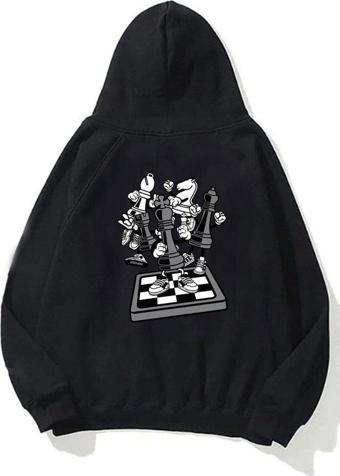 The Champ Clothing Kapüşonlu Içi Polar Satranç Think Baskılı Siyah Unisex Oversize Hoodie Sweatshirt