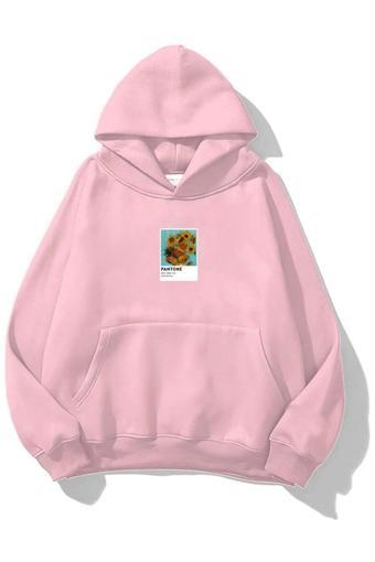 The Champ Clothing Kapüşonlu Içi Polar Sunflowers Baskılı Pembe Unisex Oversize Hoodie Sweatshirt