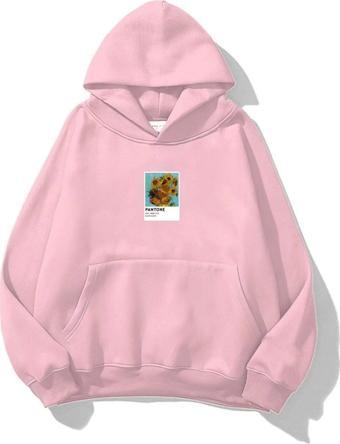 The Champ Clothing Kapüşonlu Içi Polar Sunflowers Baskılı Pembe Unisex Oversize Hoodie Sweatshirt