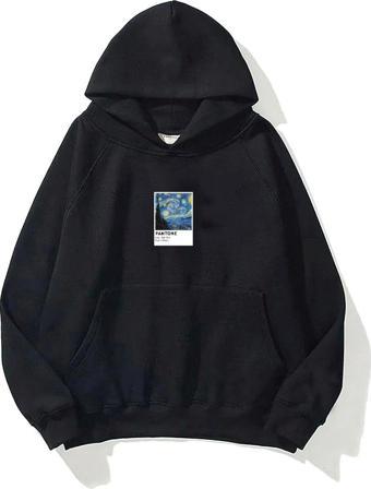 The Champ Clothing Kapüşonlu Içi Polar Starry Night Baskılı Siyah Unisex Oversize Hoodie Sweatshirt