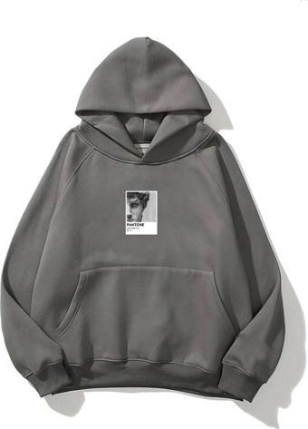 The Champ Clothing Kapüşonlu Içi Polar Sunflowers Baskılı Füme Unisex Oversize Hoodie Sweatshirt