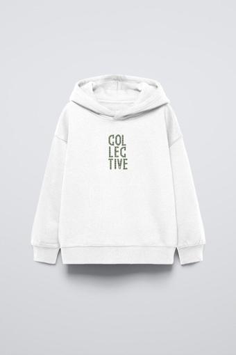 Gia-Art Beyaz Kapüşonlu Collective Yazılı Arka Fly Kn It Yazılı Oversize Çocuk Sweatshirt