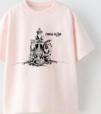 The Champ Clothing Chess Is Life Yazılı Satranç Tasarım Baskılı Pembe Çocuk T-Shirt