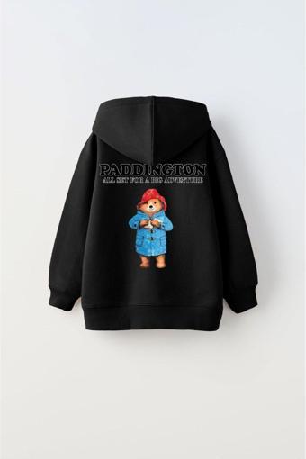 Gia-Art Kapüşonlu İçi Polar Paddington Yazılı Ayı Figür Baskılı Siyah Unisex Hoodie Çocuk Sweatshirt