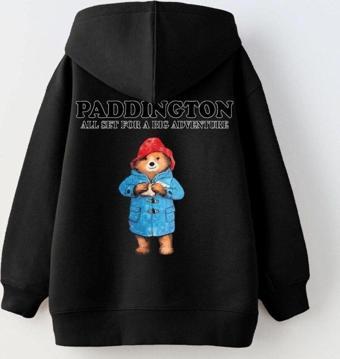 Gia-Art Kapüşonlu İçi Polar Paddington Yazılı Ayı Figür Baskılı Siyah Unisex Hoodie Çocuk Sweatshirt