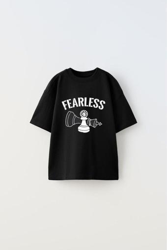 The Champ Clothing Fearless Yazılı Satranç Tasarım Baskılı Siyah Çocuk T-Shirt