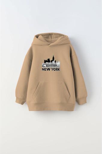 The Champ Clothing Kapüşonlu İçi Polar New York Yazı Baskılı Bej Unisex Çocuk Hoodie Sweatshirt