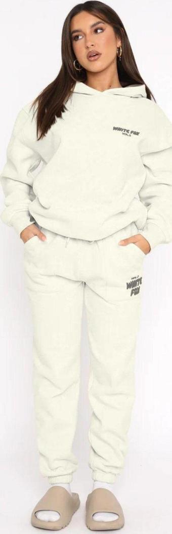 The Champ Clothing White Fox Kadın Krem Bel Lastikli Cepli Vol 3 Baskılı Paça Lastikli Eşofman Alt