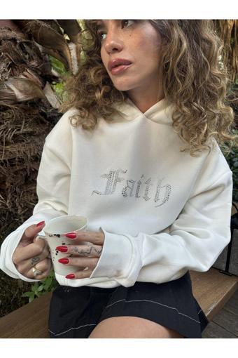 The Champ Clothing Faith Yazılı Taş Baskılı Kapüşonlu İçi Polar Oversize Beyaz Sweatshirt