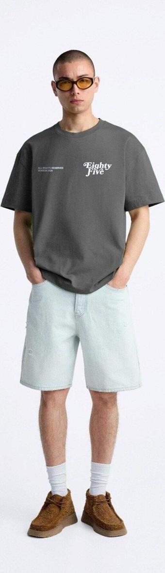 Gia-Art Bisiklet Yaka Eighty Five Yazılı Oversize Füme Erkek T-Shirt