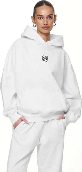 Gia-Art Bisiklet Yaka Içi Polar Yüksek Baskılı Beyaz Oversize Hoodie Sweatshirt