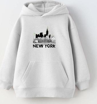 Gia-Art Kapüşonlu İçi Polar New York Yazı Baskılı Beyaz Unisex Çocuk Hoodie Sweatshirt