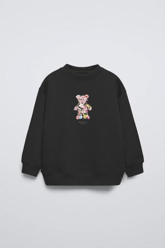 Gia-Art Siyah Çocuk Çiçekli Ayıcık Baskılı Bisiklet Yaka Oversize Sweatshirt