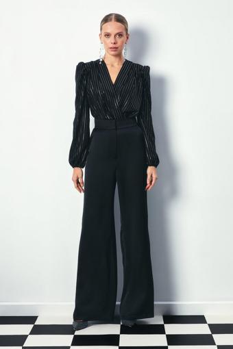 Parlak Çizgili Bodysuit Bluz - Siyah