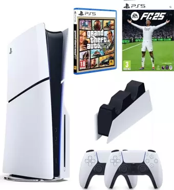 Sony Playstation 5 slim + 2.kol dualsense + Şarj istasyonu + PS5 GTA 5 + Ps5 FC25