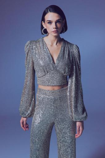 Kruvaze Payetli Crop Bluz - Bej
